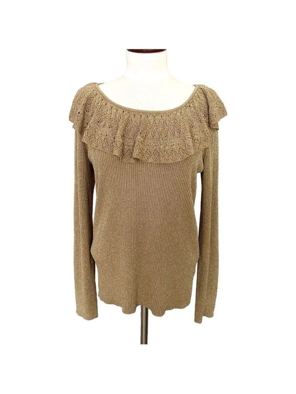 Lauren Ralph Lauren Silk Blend Gold Metallic Sweater Ribbed Ruffle Womens XL